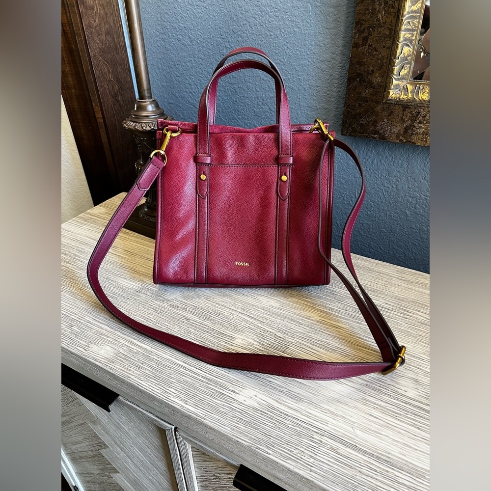 Fossil Kingston Satchel Red Velvet Leather & Suede Tote